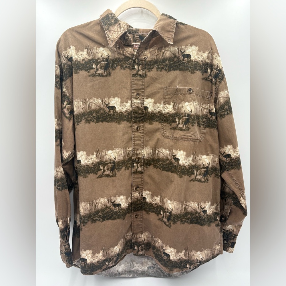 Cabela’s Outfitters Series Deer Hunting Print Button Shirt Mens L Brown Outdoors